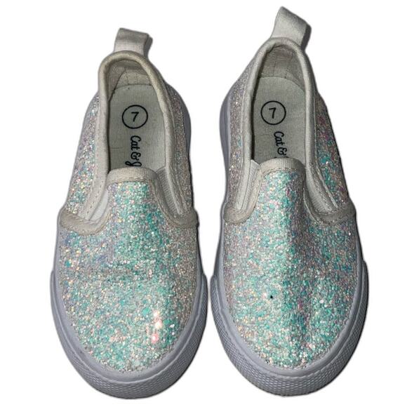 Cat & Jack Little Girl’s Sparkly White Glitter Slip on Sneakers Size 7 - Picture 2 of 6